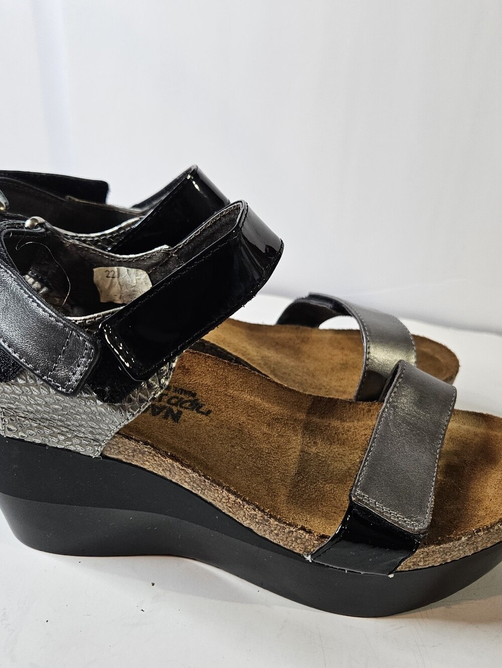 NAOT Black/Metallic Wedge Leather Sandals
